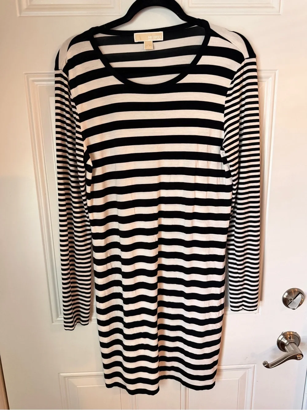 Michael Kors Black & White Striped Long-Sleeve Dress
